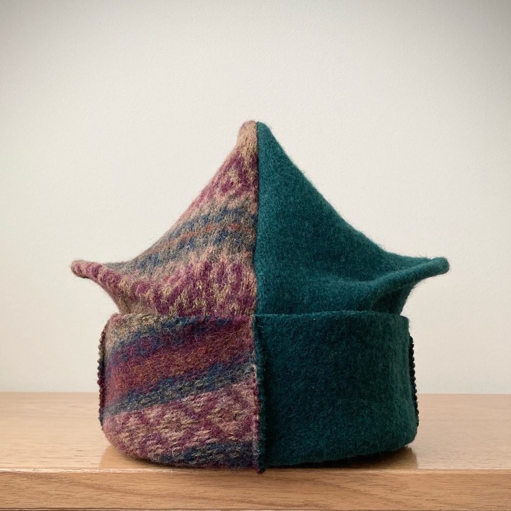 joodito origami crown shetland wool sweater hat boro patchwork green burgundy